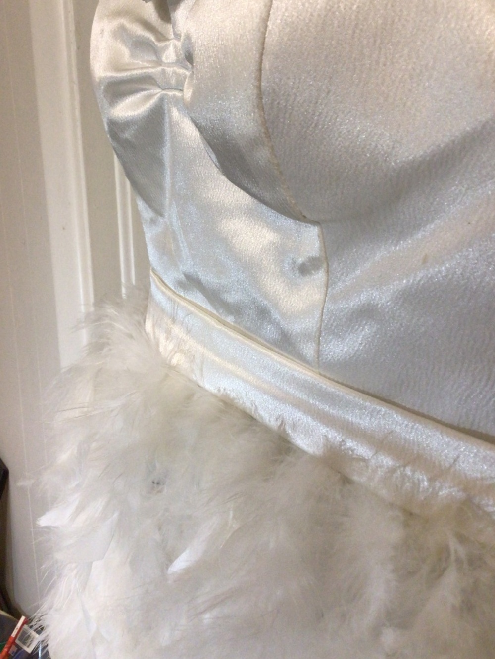 Love Reign White Embellished feathered, silk sweetheart neck strapless mini gown